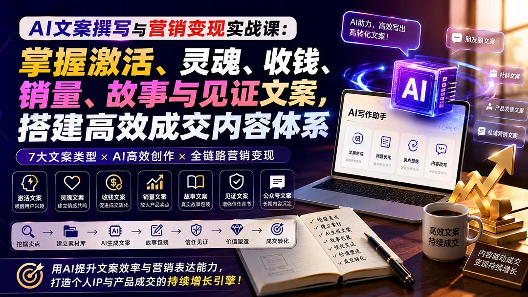 AI文案撰写与营销变现实战课：掌握激活、灵魂、收钱、销量、故事与见证文案，搭建高效成交内容体系-易创网