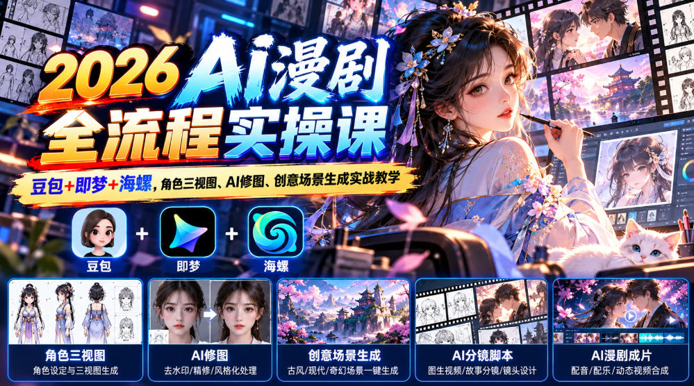 【无水印】2026 AI漫剧全流程实操课｜豆包+即梦+海螺，角色三视图、AI修图、创意场景生成实战教学-易创网