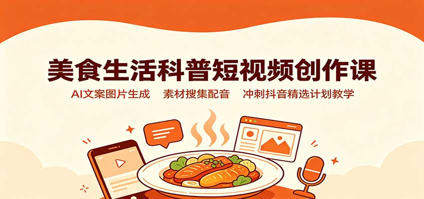 美食生活科普短视频创作课：AI文案图片生成，素材搜集配音，冲刺抖音精选计划教学-易创网