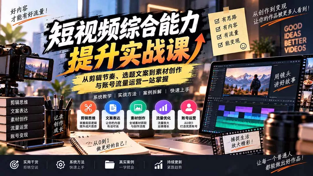 短视频综合能力提升实战课：从剪辑节奏、选题文案到素材创作与账号流量运营一站掌握-易创网