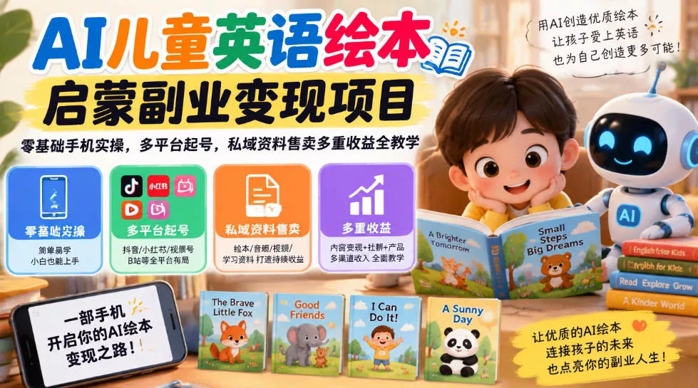 AI儿童英语绘本启蒙副业变现项目，零基础手机实操，多平台起号，私域资料售卖多重收益全教学-易创网