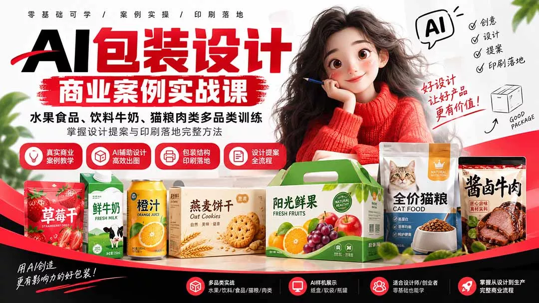 AI包装设计商业案例实战课：水果食品、饮料牛奶、猫粮肉类多品类训练，掌握设计提案与印刷落地完整方法-易创网