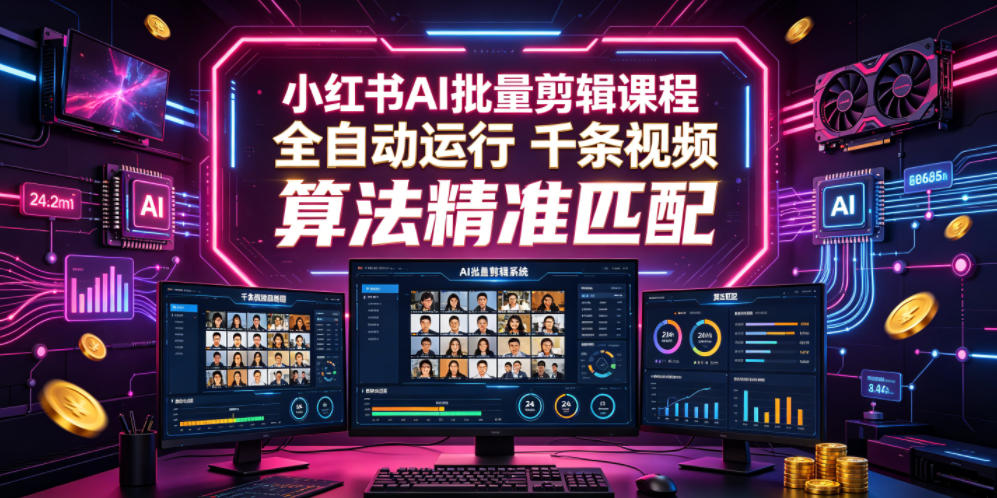 小红书AI批量剪辑课程，24小时全自动运行，解放双手专注运营，千条视频批量处理，小红书算法精准匹配-易创网