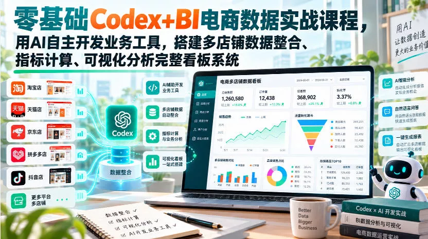 零基础Codex+BI电商数据实战课程，用AI自主开发业务工具，搭建多店铺数据整合、指标计算、可视化分析完整看板系统-易创网