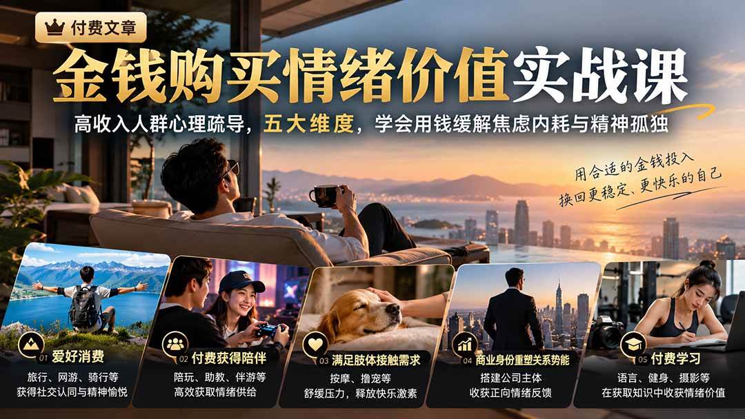 （20941期）付费文章：金钱购买情绪价值实战课｜高收入人群心理疏导，五大维度，学会用钱缓解焦虑内耗与精神孤独-易创网