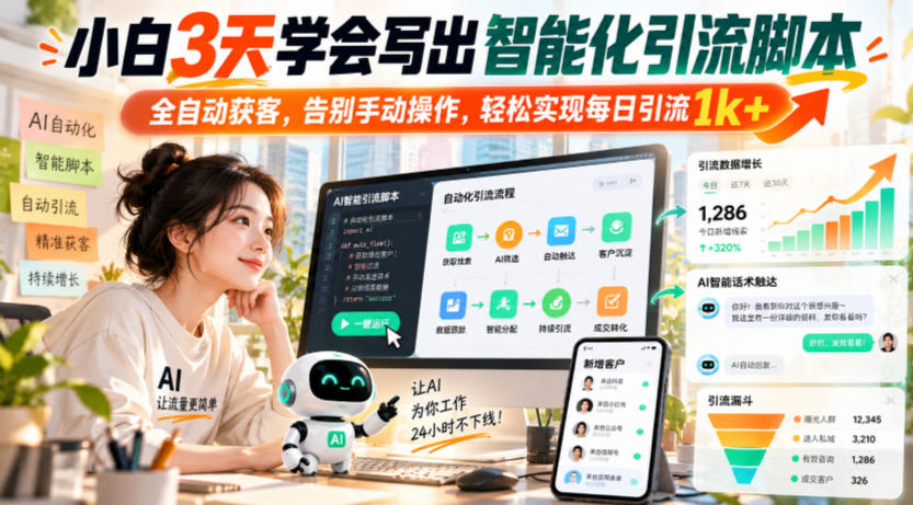 小白3天学会写出智能化引流脚本，全自动获客，告别手动操作，轻松实现每日引流1k+-易创网