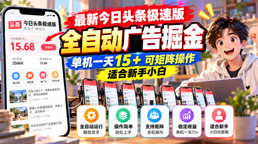 最新今日头条极速版全自动广告掘金，单机一天15+可矩阵操作适合新手小白-易创网