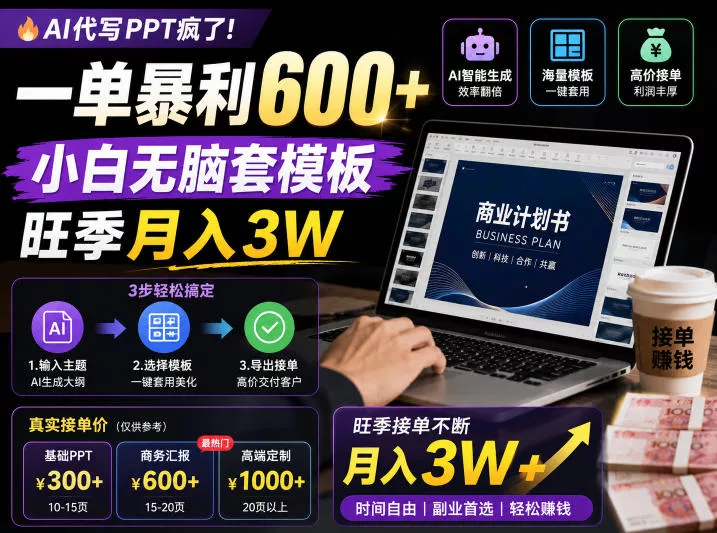 AI代写PPT疯了！一单暴利600+，小白无脑套模板，旺季月入3W，不用苦哈哈引流【揭秘】-易创网