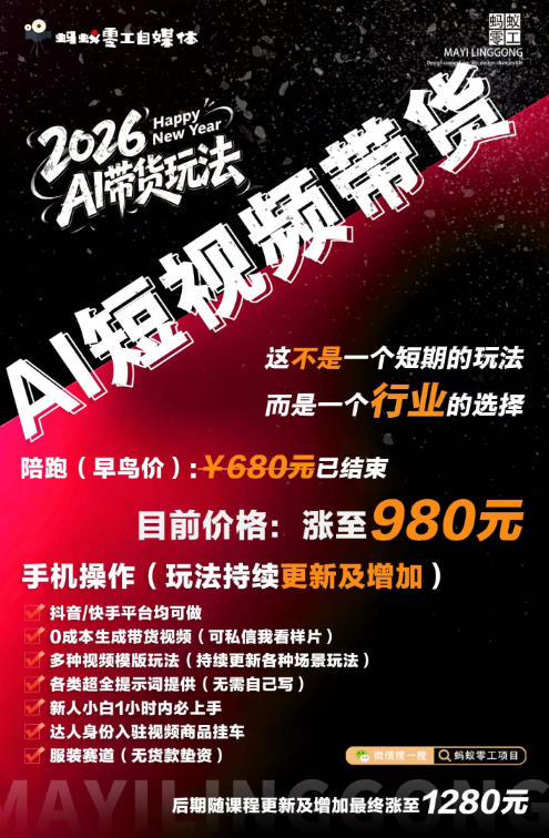 AI短视频带货，靠AI生成短视频，分发到抖音快手平台，多种模版提示词提供，单条视频1k+收益-易创网