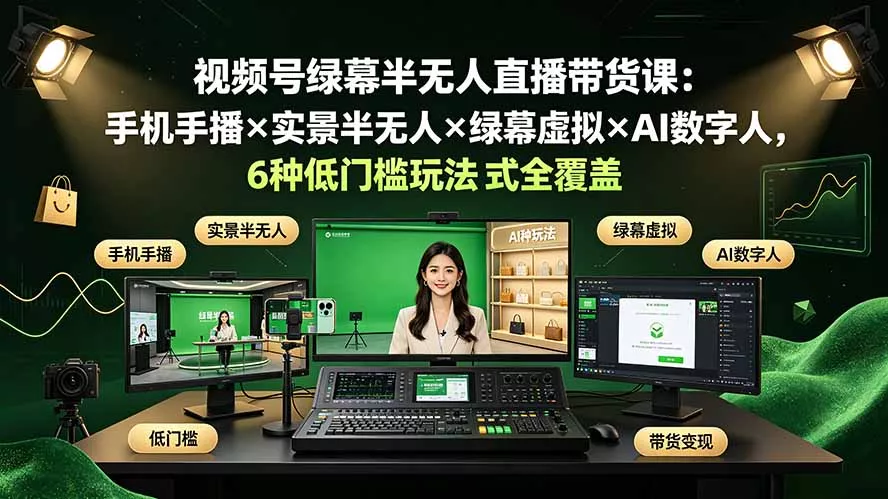 视频号绿幕半无人直播带货课：手机手播×实景半无人×绿幕虚拟×AI数字人，6种低门槛玩法全覆盖-易创网