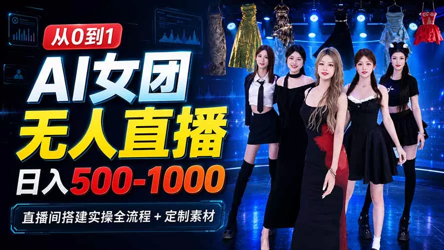 AI 女团无人直播，躺入500-1000每天，直播间搭建实操全流程+定制素材-易创网