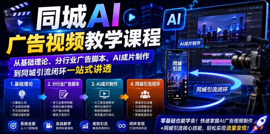 同城AI广告视频教学课程，从基础理论、分行业广告脚本、AI成片制作到同城引流闭环一站式讲透-易创网