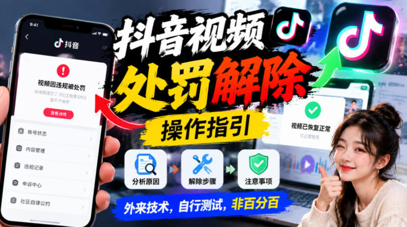 抖音视频处罚解除操作指引，外来技术，自行测试，非百分百-易创网