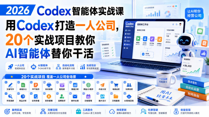 2026 Codex智能体实战课，用Codex打造一人公司，20个实战项目教你AI智能体替你干活-易创网