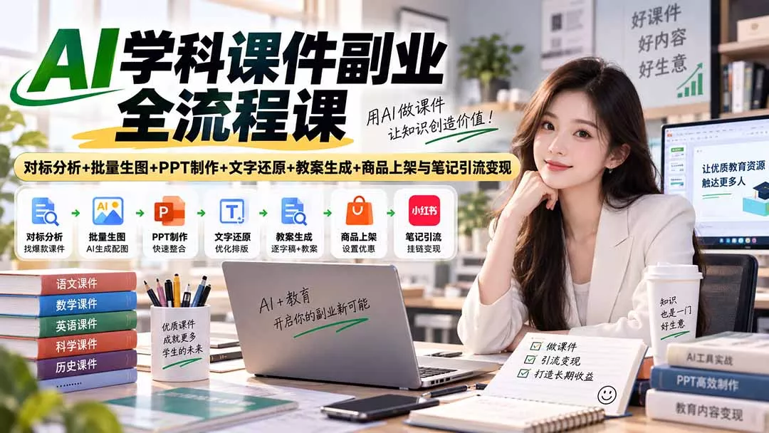 AI学科课件副业全流程课｜对标分析+批量生图+PPT制作+文字还原+教案生成+商品上架与笔记引流变现-易创网