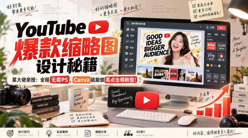 YouTube爆款缩略图设计秘籍，某油管大佬（610万订阅者）亲授，全程无需PS，Canva就能做高点击缩略图！【原创双语字幕】-易创网