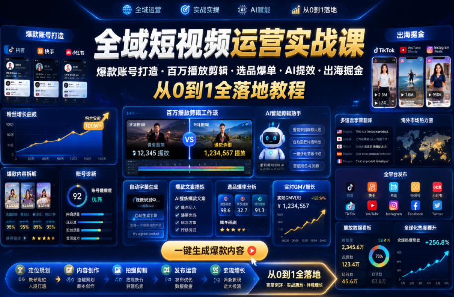 全域短视频运营实战课，爆款账号打造・百万播放剪辑・选品爆单・AI提效・出海掘金，从0到1全落地教程-易创网