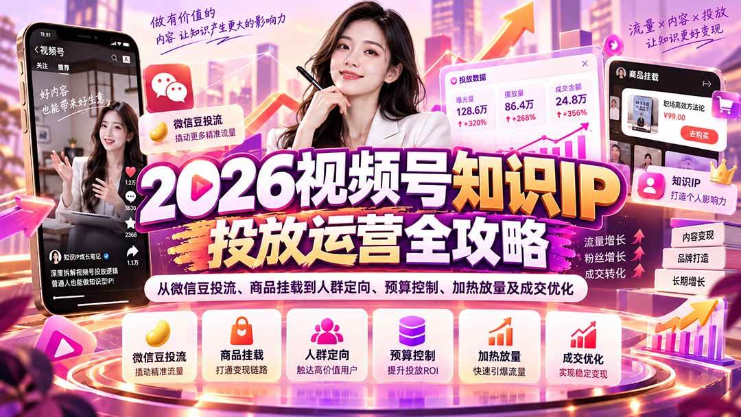（20860期）2026视频号知识IP投放运营全攻略：从微信豆投流、商品挂载到人群定向、预算控制、加热放量及成交优化-易创网
