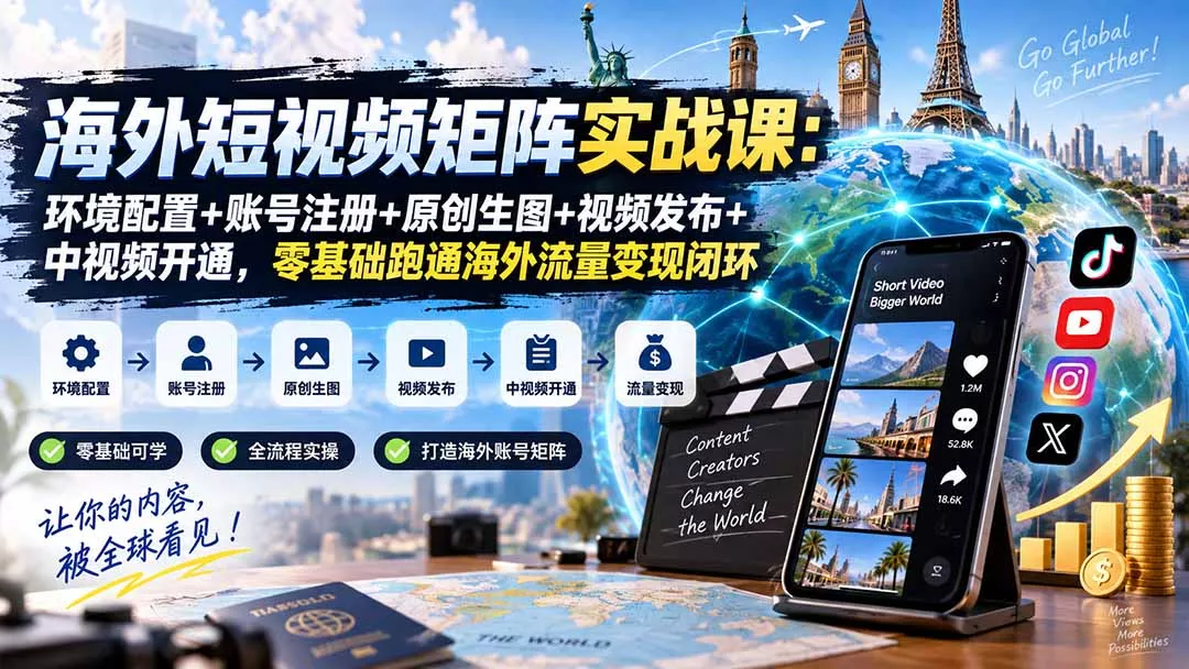 海外短视频矩阵实战课：环境配置+账号注册+原创生图+视频发布+中视频开通，零基础跑通海外流量变现闭环-易创网