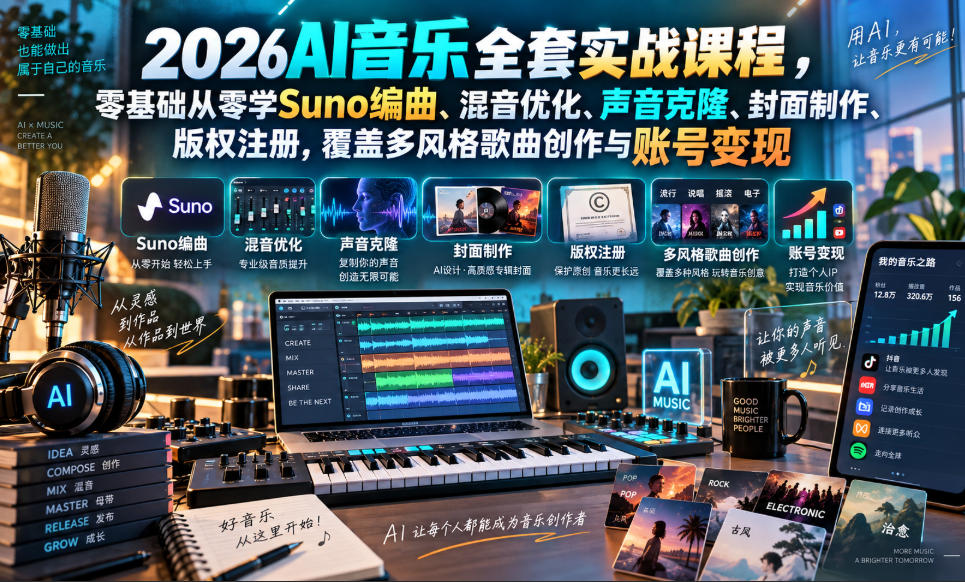 2026AI音乐实战课程，零基础从零学Suno编曲、混音优化、声音克隆、版权注册，覆盖多风格歌曲创作与账号变现-易创网