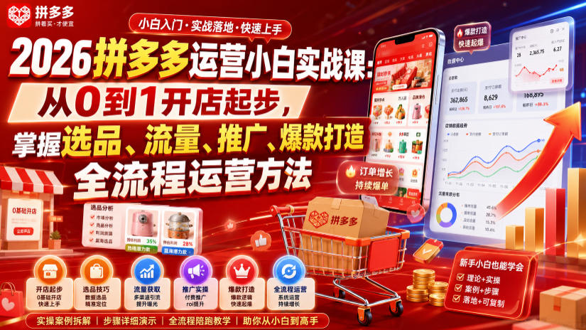 2026拼多多运营小白实战课：从0到1开店起步，掌握选品、流量、推广、爆款打造全流程运营方法-易创网