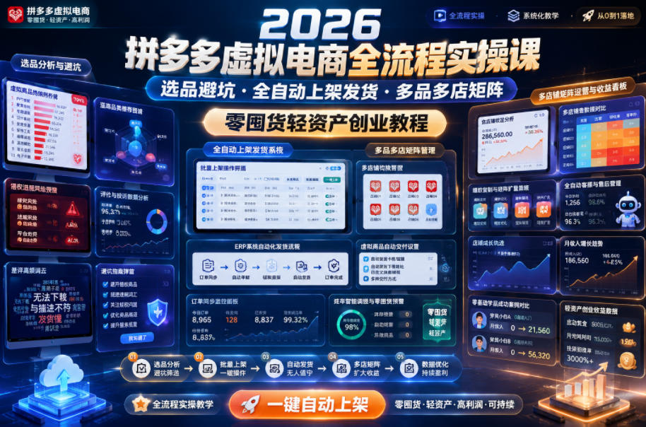2026拼多多虚拟电商全流程实操课，选品避坑・全自动上架发货・多品多店矩阵，零囤货轻资产创业教程-易创网
