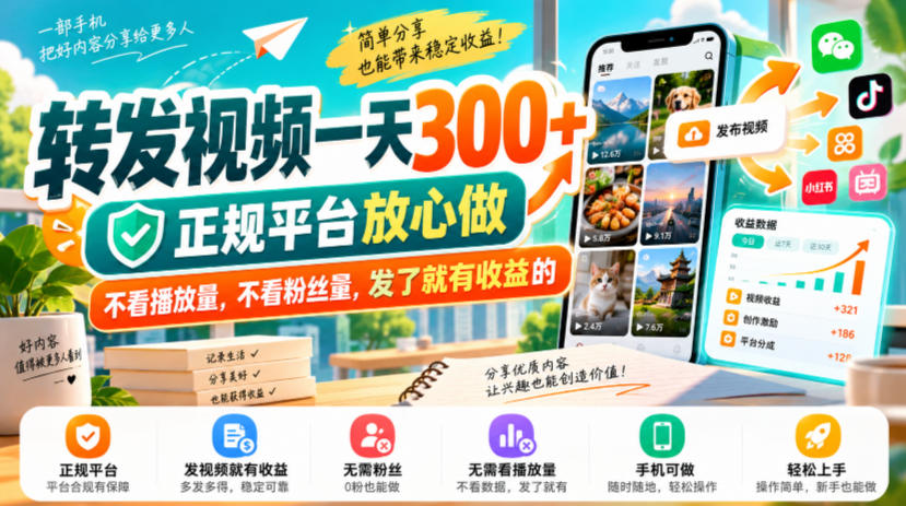 转发视频一天300+，正规平台放心做，不看播放量，不看粉丝量，发了就有收益的【揭秘】-易创网