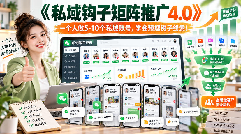 【无水印】《私域钩子矩阵推广4.0》一个人做5-10个私域账号，学会预埋钩子线索！-易创网