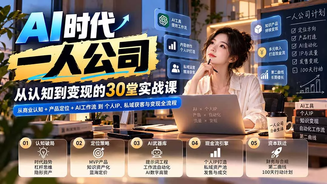 【无水印】AI时代一人公司30堂实战课:从商业认知+产品定位+AI工作流到个人IP、私域获客与变现全流程 【无水印】AI时代一人公司30堂实战课:从商业认知+产品定位+AI工作流到个人IP、私域获客与变现全流程