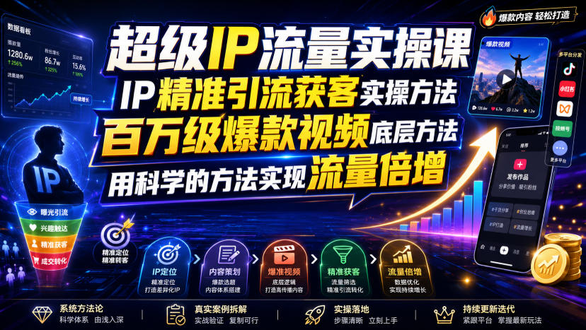 超级IP流量实操课，IP精准引流获客实操方法，百万级爆款视频底层方法，用科学的方法实现流量倍增-易创网