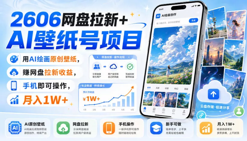 2606网盘拉新+AI壁纸号项目，用AI绘画原创壁纸，賺网盘拉新收益，手机即可操作，月入1W+-易创网