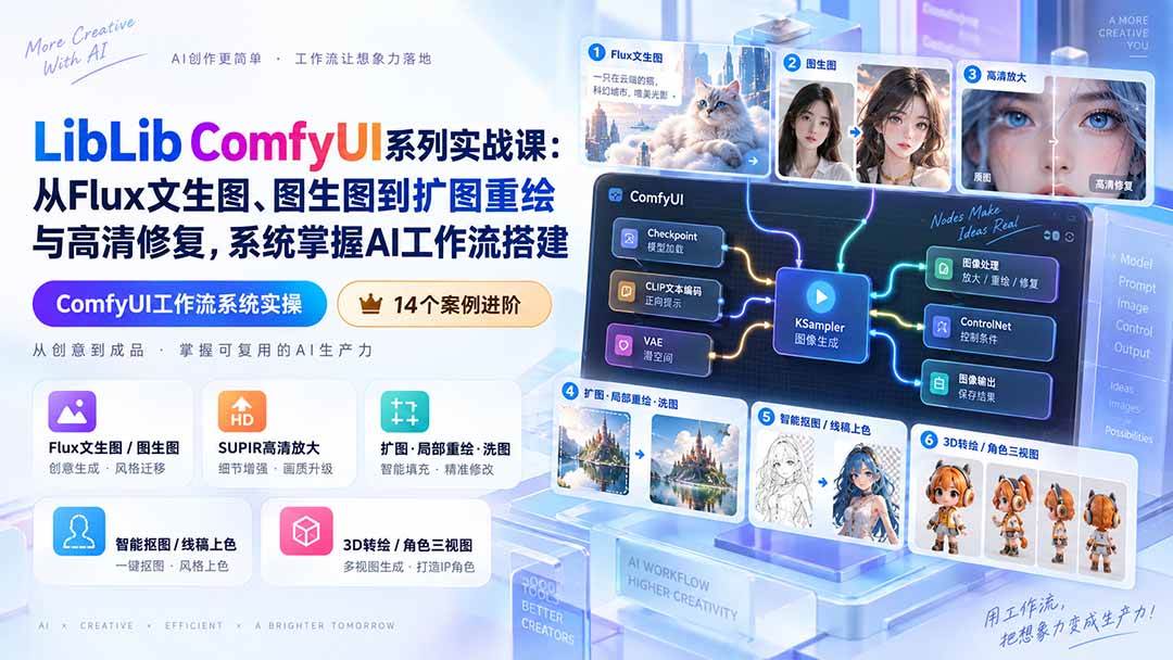 （20368期）LibLib ComfyUI系列实战课：从Flux文生图、图生图到扩图重绘与高清修复，系统掌握AI工作流搭建-易创网