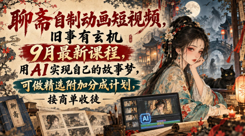 聊斋自制动画短视频，旧事有玄机9月最新课程，用AI实现自己的故事梦，可做精选附加分成计划，接商单收徒-易创网