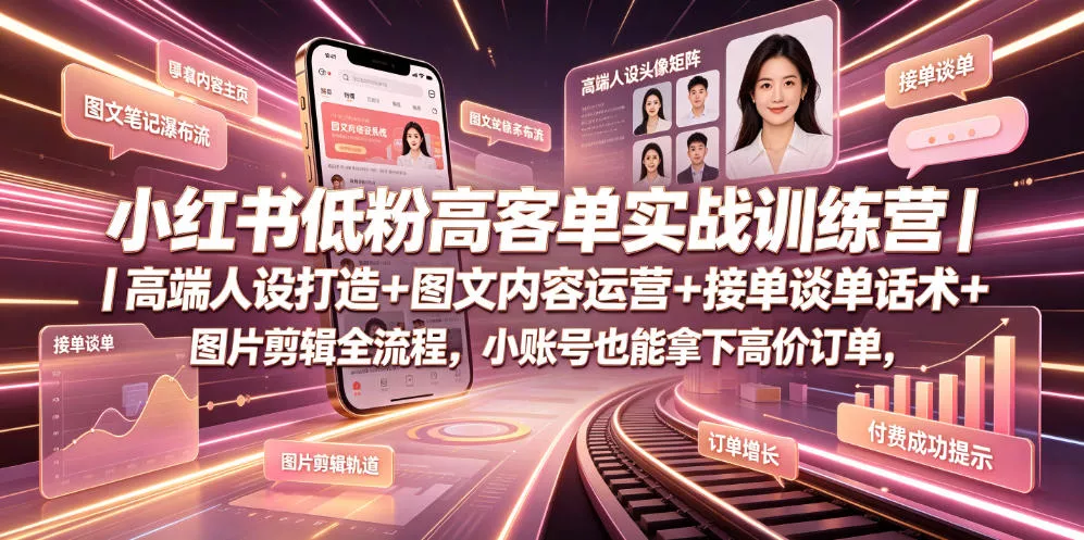 小红书低粉高客单实战训练营｜高端人设打造+图文内容运营+接单谈单话术+图片剪辑全流程，小账号也能拿下高价订单-易创网