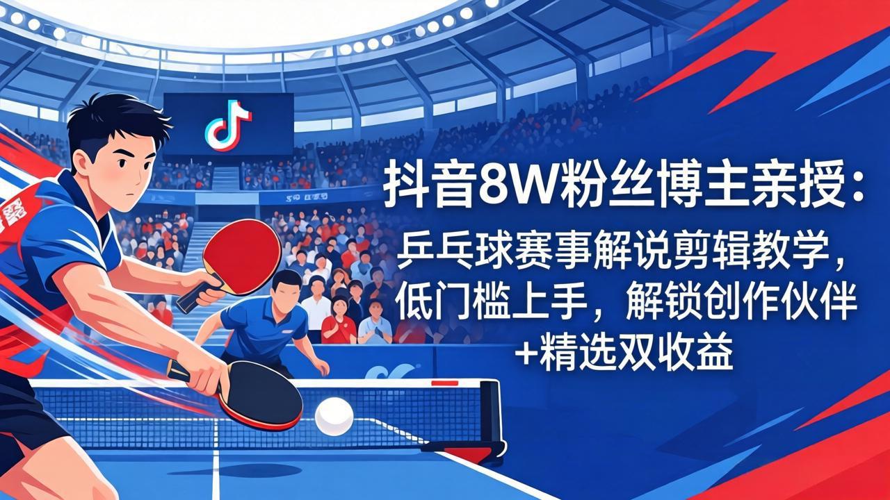 抖音8W粉丝博主亲授：乒乓球赛事解说剪辑教学，低门槛上手，解锁创作伙伴+精选双收益-易创网