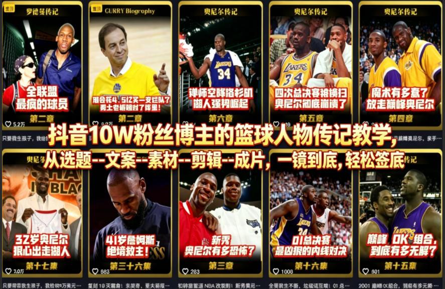 抖音10W粉丝博主的篮球人物传记教学，从选题–文案–素材–剪辑–成片，一镜到底，轻松签约精选独家-易创网