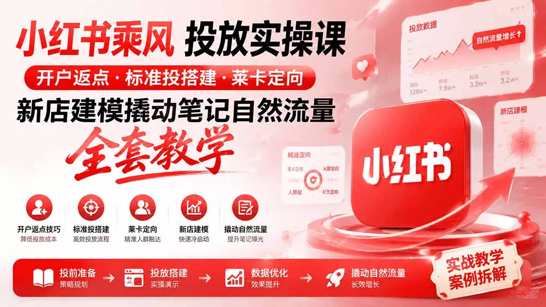 小红书乘风投放-100分钟实操课｜开户返点·标准投搭建·莱卡定向，新店建模撬动笔记自然流量全套教学-易创网