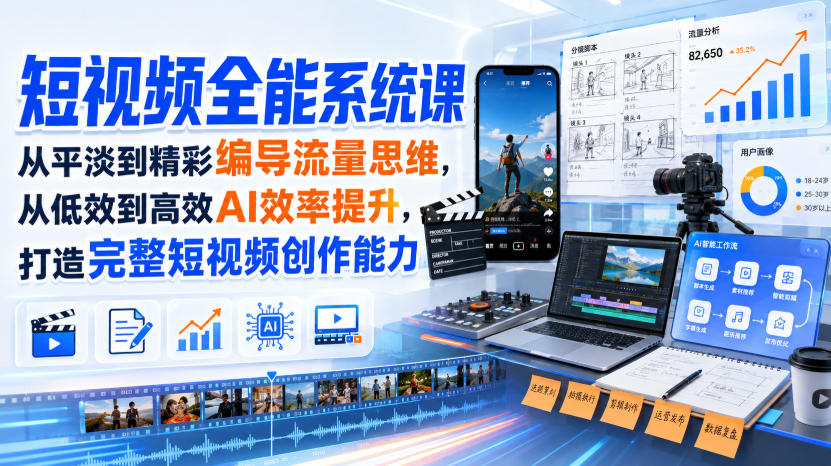 短视频全能系统课，从平淡到精彩编导流量思维，从低效到高效AI效率提升，打造完整短视频创作能力（2026年8月30更新233集）-易创网