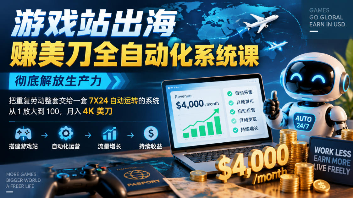 游戏站出海賺美刀全自动化系统课，彻底解放生产力–把重复劳动整套交给一套7X24自动运转的系统，从1放大到100，月入4K美刀-易创网