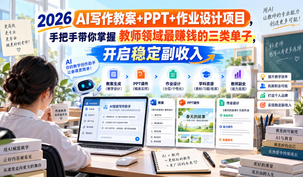 2026 AI写作教案+PPT+作业设计项目，手把手带你掌握教师领域最賺钱的三类单子，开启稳定副收入-易创网