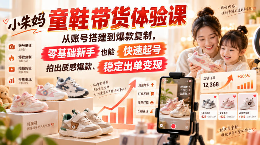 小朱妈童鞋带货体验课，从账号搭建到爆款复制，零基础新手也能快速起号、拍出质感爆款、稳定出单变现-易创网