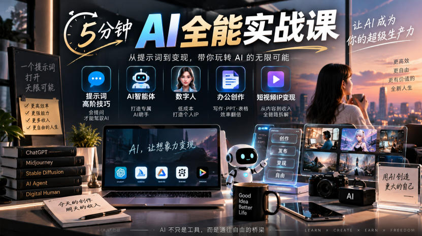 5分钟AI全能实战课｜提示词高阶技巧+AI智能体+数字人+办公创作+短视频IP变现全教程-易创网