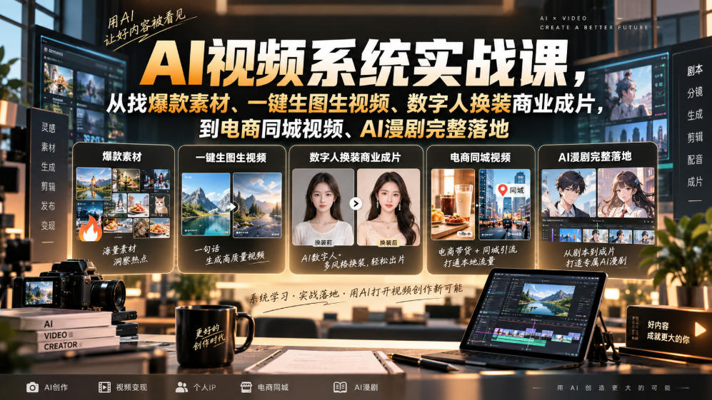 AI视频系统实战课，从找爆款素材、一键生图生视频、数字人换装商业成片，到电商同城视频、AI漫剧完整落地-易创网