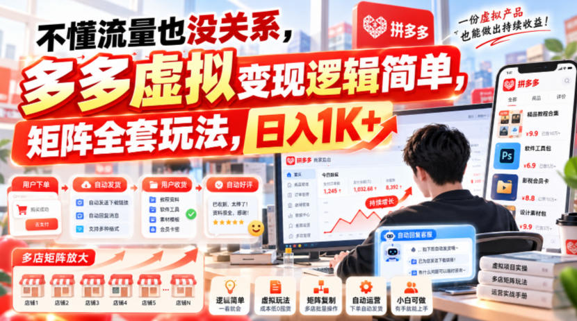 不懂流量也没关系，多多虚拟变现逻辑简单，矩阵全套玩法，日入1K+【揭秘】-易创网