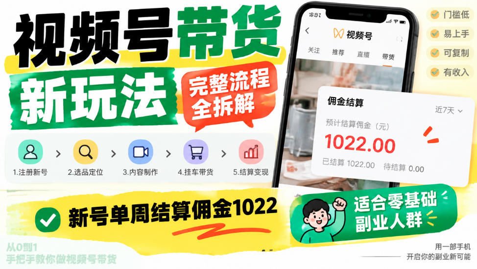 视频号带货新玩法，完整流程全拆解，新号单周结算佣金1k，适合零基础副业人群-易创网