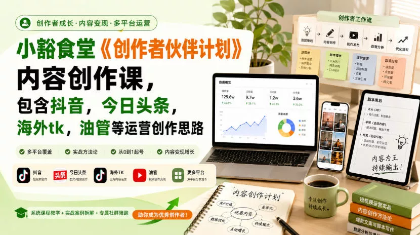 小豁食堂《创作者伙伴计划》内容创作课，包含抖音，今日头条，海外tk，油管等运营创作思路-易创网