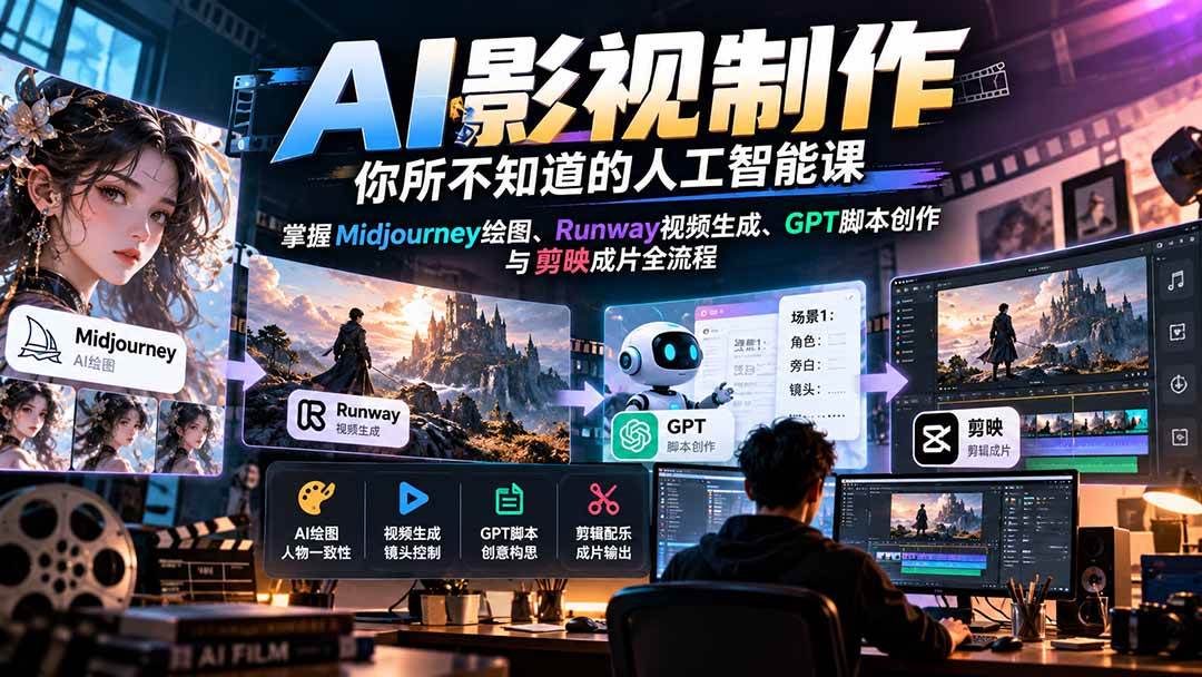 （20681期）AI影视制作-你所不知道的人工智能课，掌握Midjourney绘图、Runway视频生成、GPT脚本创作与剪映成片全流程-易创网
