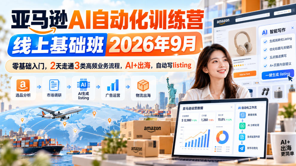 亚马逊AI自动化训练营线上基础班2026年9月，零基础入门，2天走通3类高频业务流程，AI+出海，自动写listing-易创网