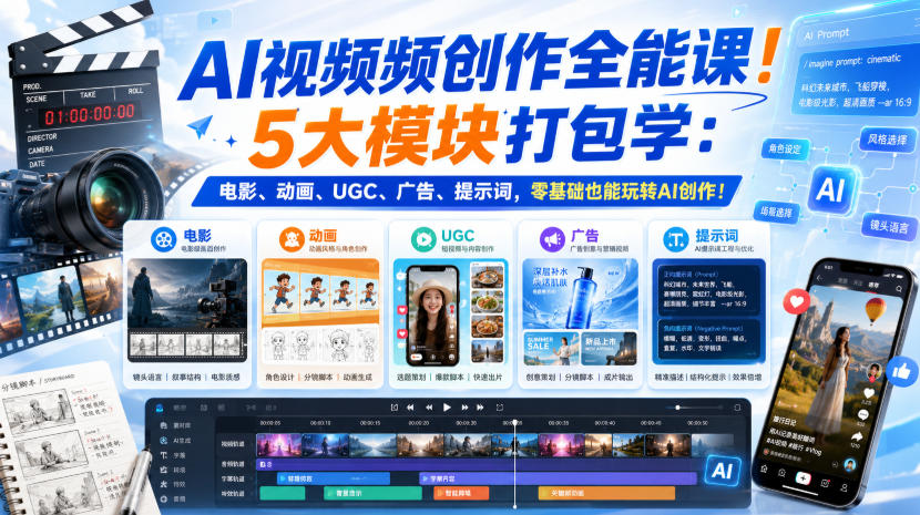 AI视频频创作全能课！5大模块打包学：电影、动画、UGC、广告、提示词，零基础也能玩转AI创作！【原创双语字幕】-易创网