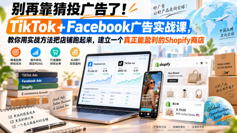 别再靠猜投广告了！TikTok+Facebook广告实战课，教你用实战方法把店铺跑起来，建立一个真正能盈利的Shopify商店【原创双语字幕】-易创网
